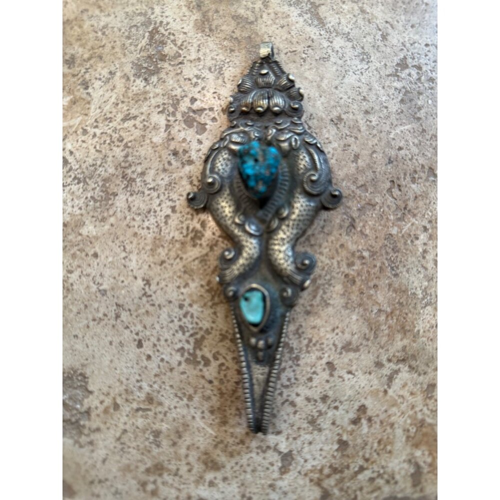 Antique Indian Silver Pendant With Turquoise Gemstones & Intricate Detailing